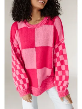 Rose Red Checkered Drop Sleeve Knit Sweater