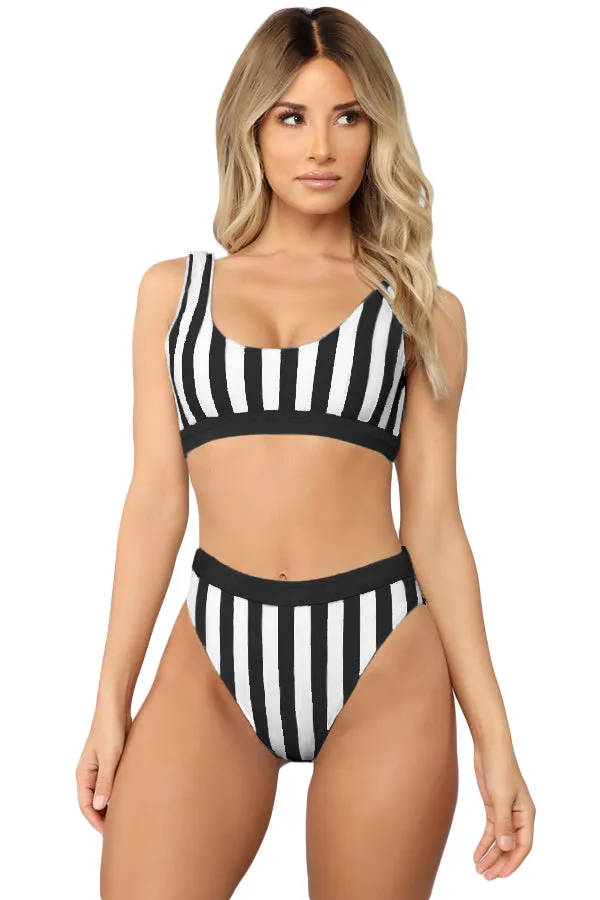 Scoop Neck Striped High Waist High Cut Bikini Set