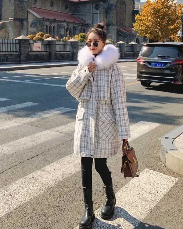 Short Length Faction Plaid Cotton Winter Women's Coat