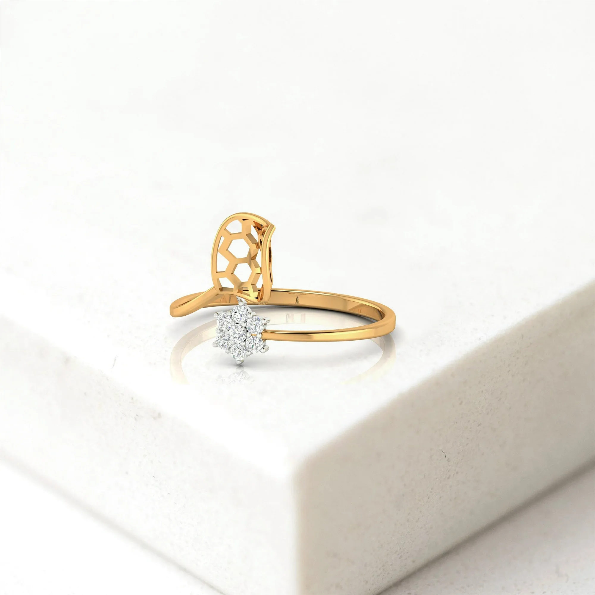 Silver Yellow Gold Adjustable Floral Twist Open Honeycomb Diamond-Accented Ring for Women