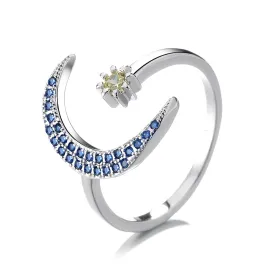 Sterling Silver Crescent Moon Bypass Ring with Swarovski Crystals