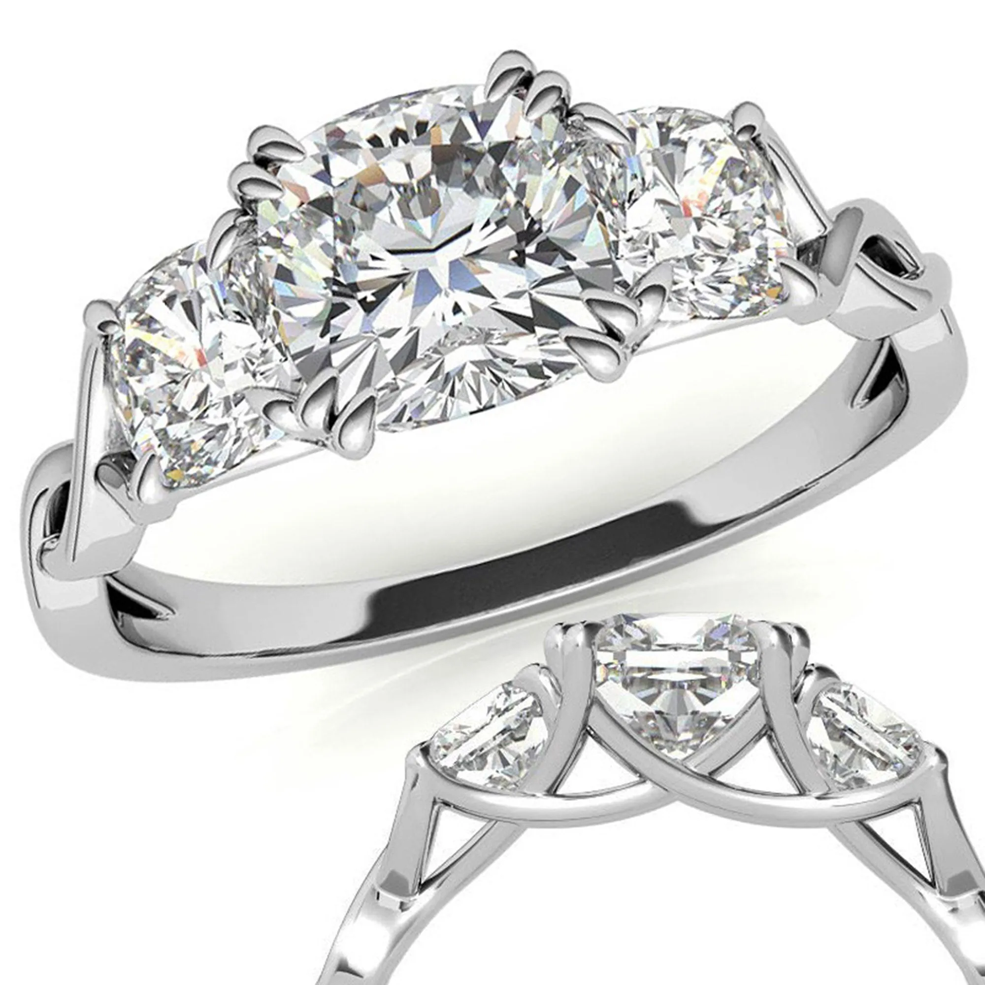 Three-Stone Cushion-Cut White Gold Adjustable Sterling Silver Engagement Ring For Women