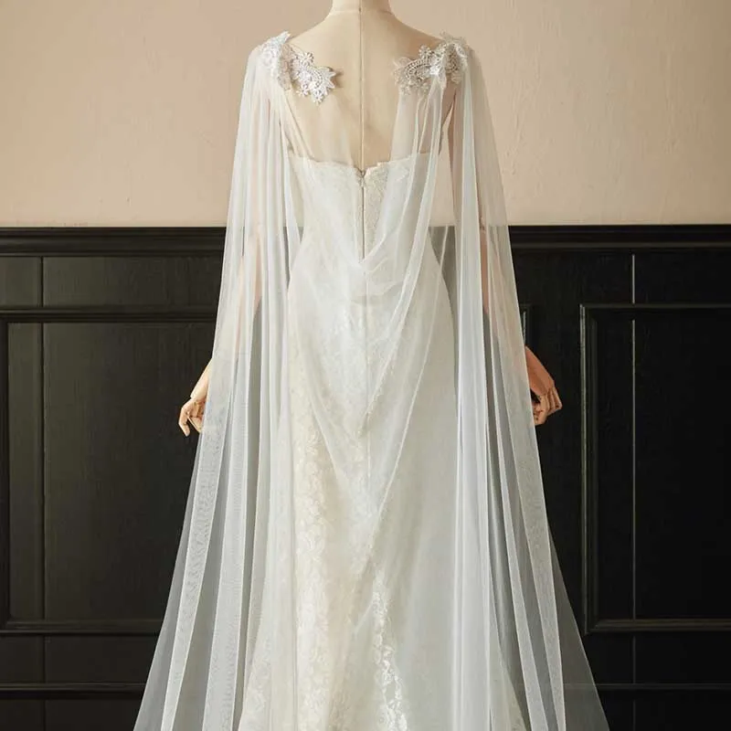 Tulle Long Wedding Cloak Lace Shoulder Dridal Cape