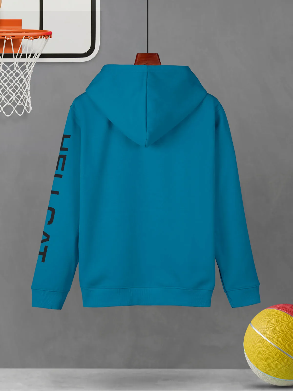 Turquoise Blue Colourblocked Cotton Blend Hoodie T-shirt For Boys