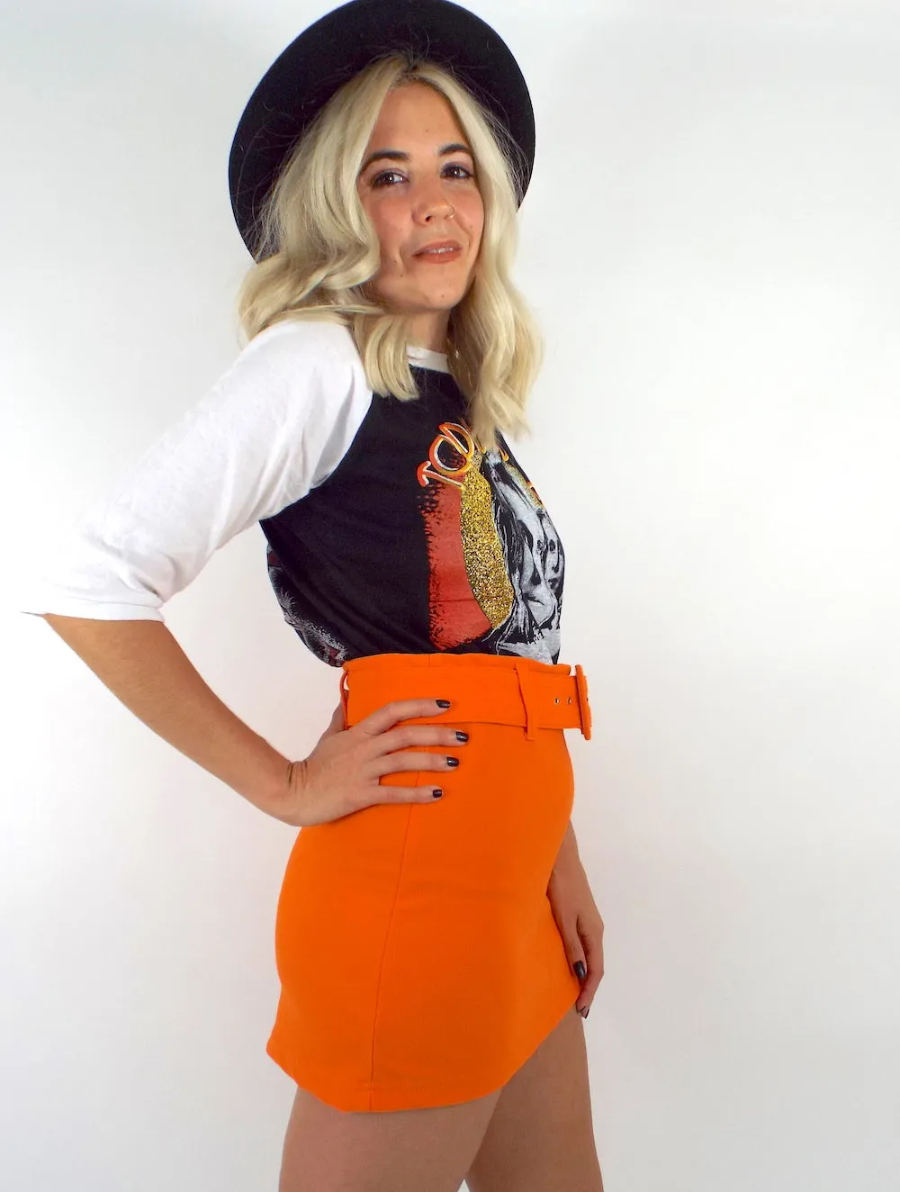 Vintage 90s Orange Belted High-Waist Mini Skirt