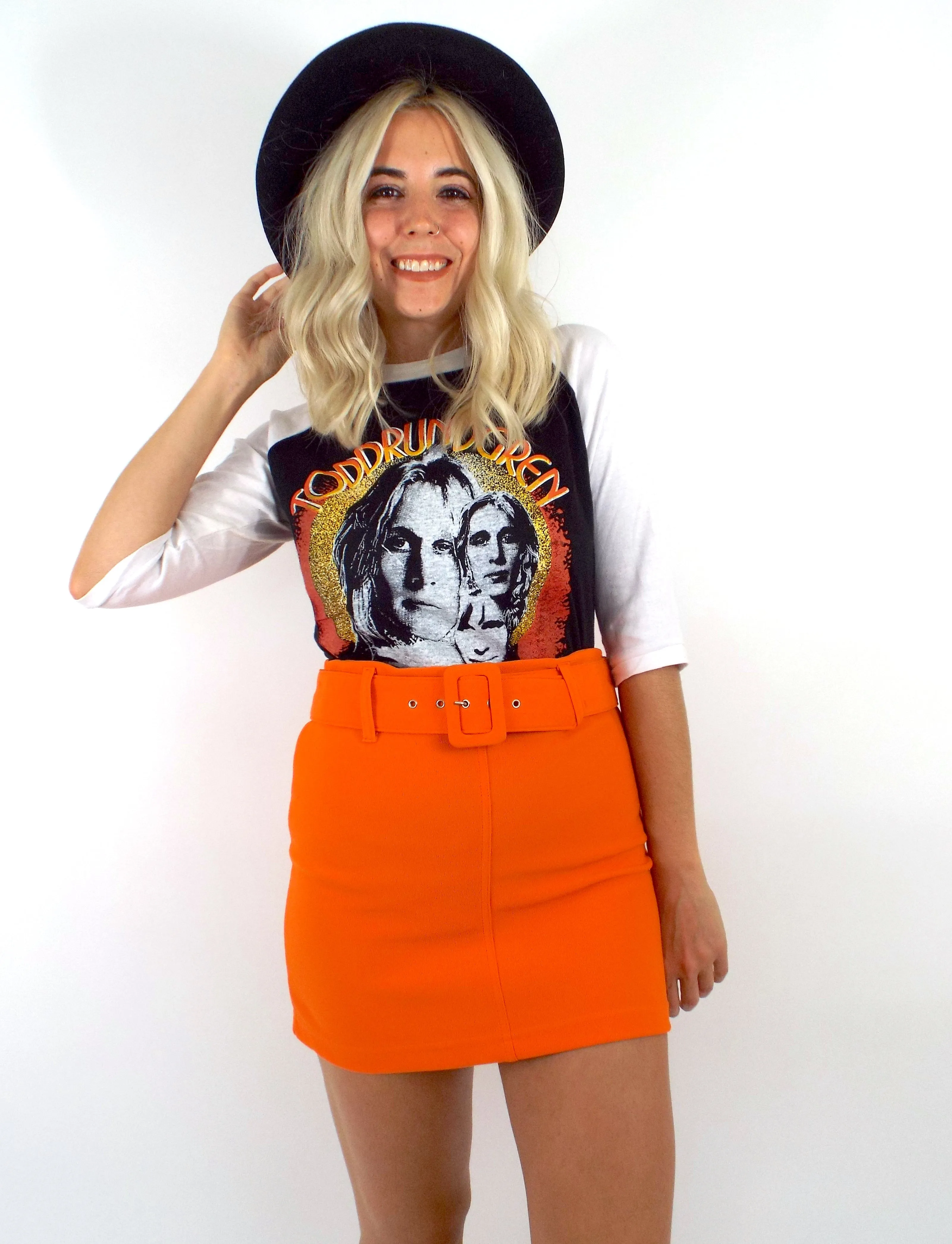 Vintage 90s Orange Belted High-Waist Mini Skirt