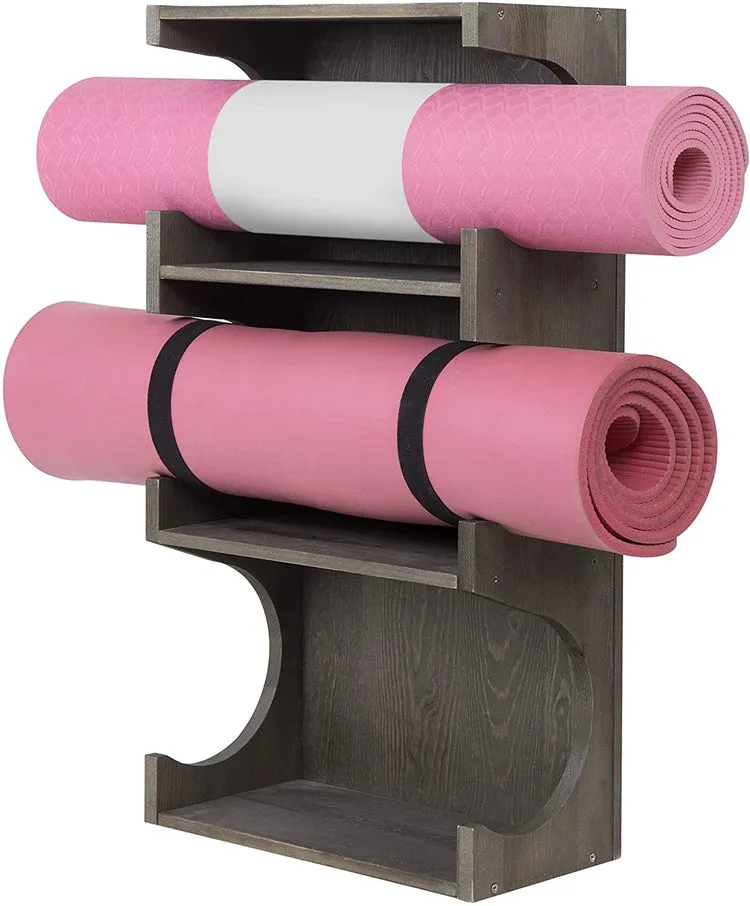 Wall-Mounted Vintage Gray Wood 3-Tier Yoga and Barre Mat Storage Rack