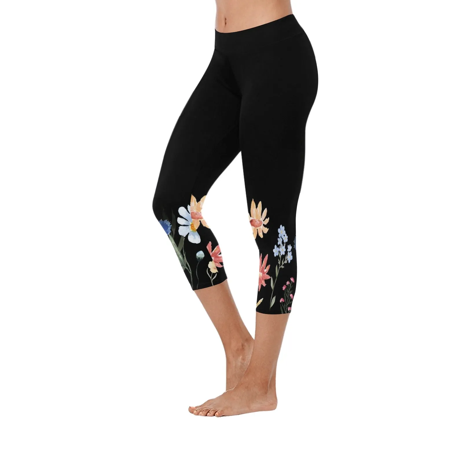 Wildflowers Painted Black Lower Capri Leggings up to 5 XL