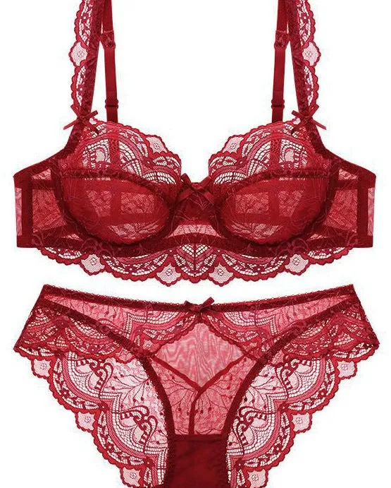 Women's Thin Girls' Big Breasts Showing Small Transparent Lace Underwire Brat Set