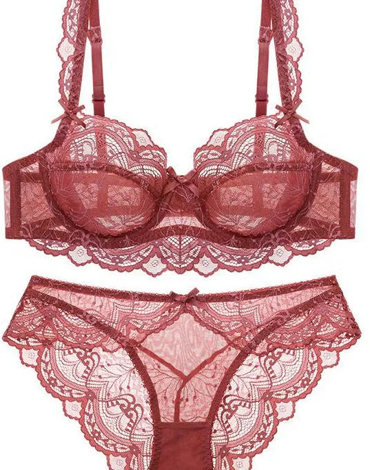 Women's Thin Girls' Big Breasts Showing Small Transparent Lace Underwire Brat Set