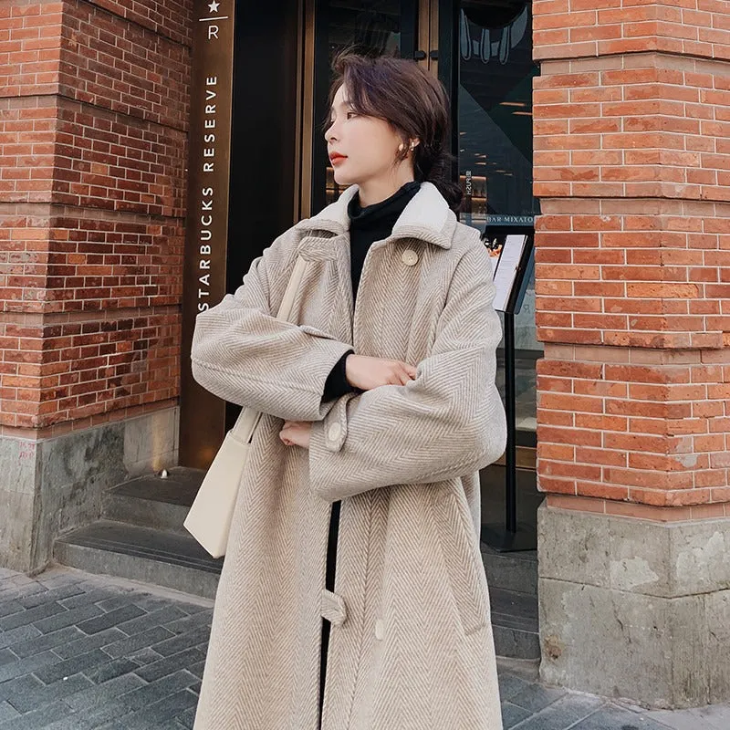 Woolen Mid-Length Loose Herringbone Women's Coat