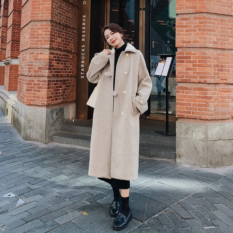 Woolen Mid-Length Loose Herringbone Women's Coat