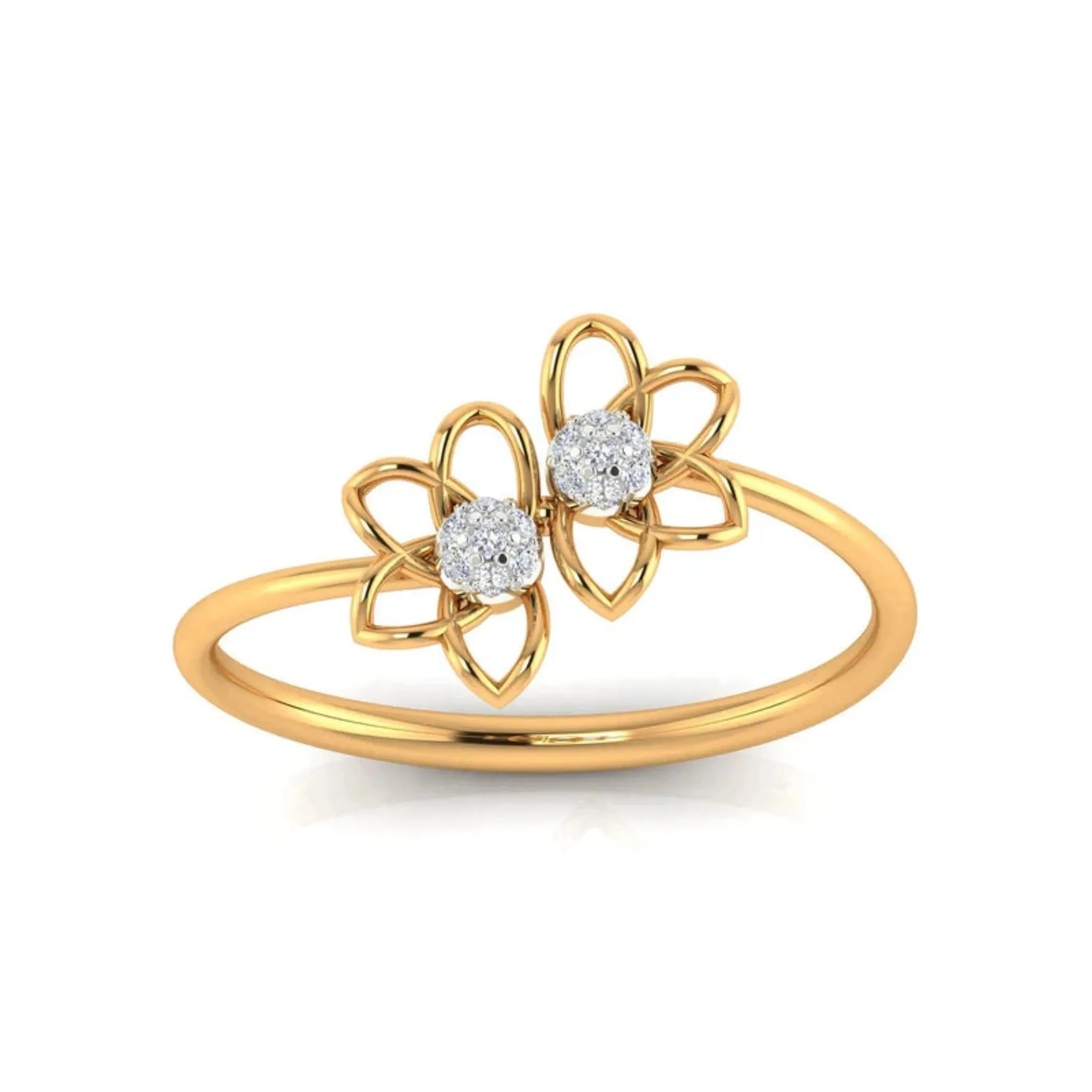 Yellow Gold Adjustable Silver Double Diamond Floral Sparkling Cluster Centerpiece Ring For Woman